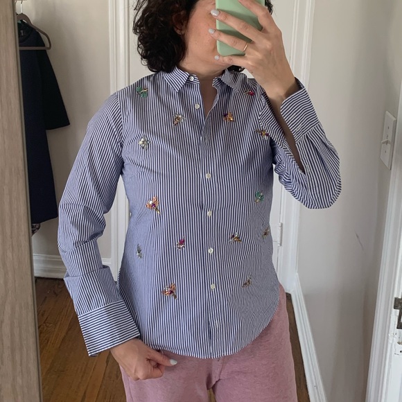 J. Crew RARE Blue / White Striped Button Up w Bug details - Picture 2 of 12